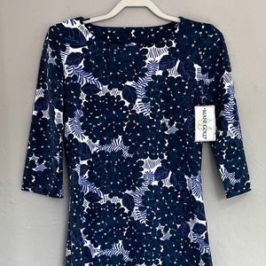NWT, Mahi Gold Dress, Blue Flower & Grasses Pattern, Womens, Small